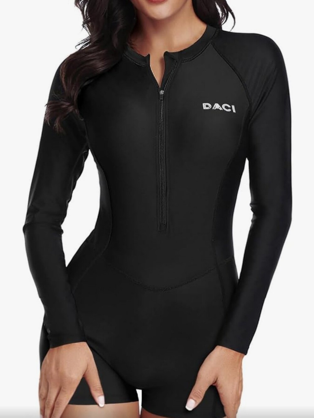 DACI Women's Black Long Sleeve One-Piece Swim Suit with Front Zip Size Sm